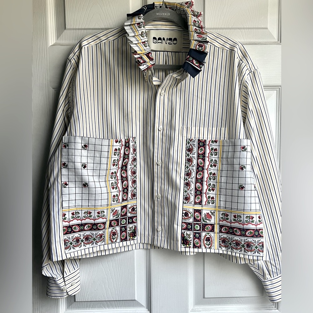Banzo Button Down Shirt w/Patchwork Detail, One Size, Excellent Condition